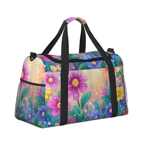 Cartoon Art Flowers Duffle Bag Foldable Travel Tote Bag Carry On Large Weekender Overnight Bags Waterproof Gym Bag For Women Men