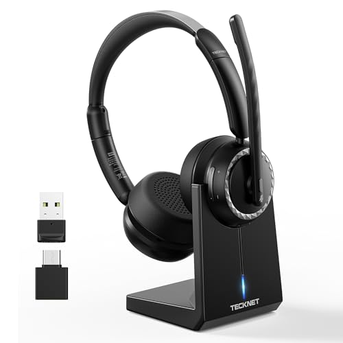TECKNET Wireless Headset, Bluetooth Headset with AI Noise Cancelling Microphone, USB Dongle &Charging Dock Included,Headsets with Microphone Suitable for Phones/Computers/Trucker/Call Center