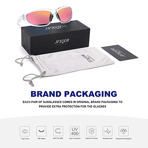 Jfxqdr Sports Wrap Around Polarized Sunglasses For Men Women, Cycling Running Fishing Sun Glasses Uv400 Protection Rfs8202 (Clear Frame Mirrored Pink Lens) #TOP5
