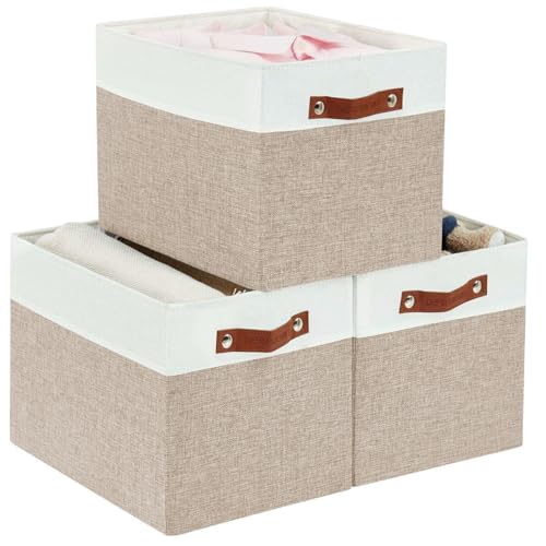 Image of DECOMOMO Cubby Storage Bins | 13x15x13inch Fabric Storage Cubes for Kallax Shelves Cloth Nursery Decorative with Handles (Beige and White, 13x15x13- 3P)