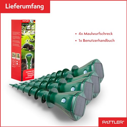 PATTLER® Maulwurf Vertreiber 4er Set - Effektiv Maulwurf vertreiben auf ca. 800m² - Flexible Verwendung durch Solarmodul - innovatives Schraubdesign erhöht Effektivität