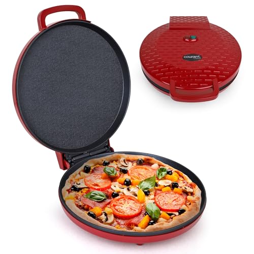 Courant Pizza Maker 12 inch Pizzas Machine, Newly improved Cool-touch Handle Non-Stick plates Pizza oven & CalzoneMaker, Electric Countertop Oven for Home or School, 12” Indoor Grill/Griddle, Red