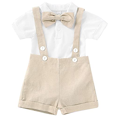 Baby Boy Clothes Gentleman Bowtie Romper and Overalls Suspenders Pants Wedding Tuxedo Outfits(Beige,12-18m)