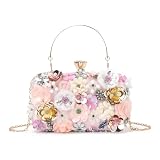 EVEOUT Clutch 3D de Flores Mujer Elegante Bolso de Mano de Cristal con asa y Cadena para Boda Noche Fiesta Baile