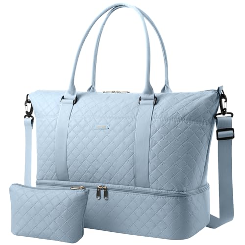 Image of HOTOR Travel Duffel Bag - Weekender Bags for Women, Carry On Gym Tote Bags | with Toiletry Bag & Shoe Compartment, Overnight Bag for Travel Essentials and Travel Accessories, Blue, 15.8 inchx18.1 inchx8.7 inch