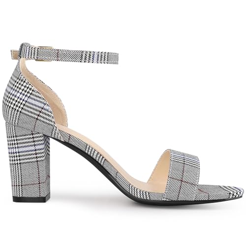 Allegra K Allegra K Women's Houndstooth Opened Toe Ankle Strap Chunky High Heel Black White Sandals 8.5 M US
