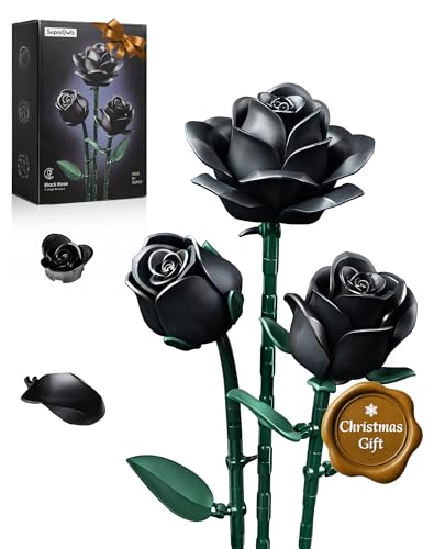 iATOM Black Roses Flower Building Set - 3Pack, Christmas Stocking Stuffers Gift - Gothic Horror Retro Artificial Flowers Botanical Collection Home Decor - IA11009