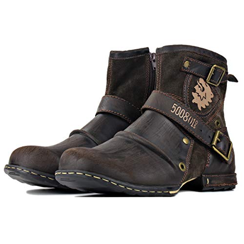 Cowsdella Men's Chukka Biker Cowboy Stylish Motorcycle Hiking Fashion Casual Cowhide Leather Ankle Side Zipper Boots 5008-1-D-10 #TOP1