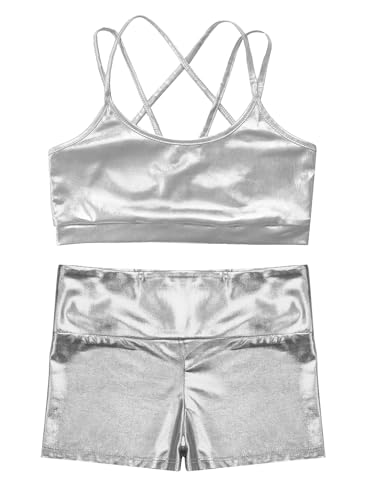 TTAO Kids Girls 2 Piece Gymnastics Dance Outfits Shiny Metallic Crop Tank Top with Shorts Set Training Wear3