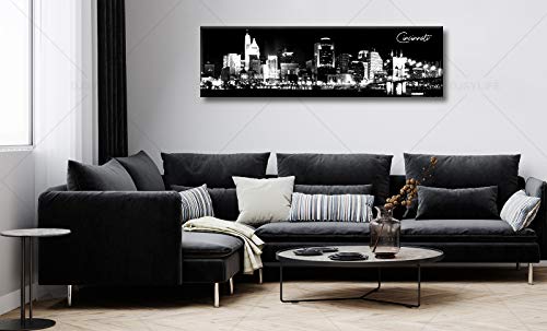 Image of DJSYLIFE- Cincinnati Skyline Wall Art,Black and White Stretched Canvas Wall Art Prints for Bedroom or Office Decoration, Ready to Hang 13.8 inchx47.3 inch | Gallery Wrapped Canvas with Durable Wood Frame, Waterproof Surface, Easy to Hang in Bedroom,Living Room or Home office