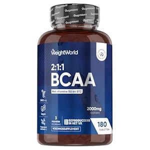 BCAA tabletten – 2000 mg BCAA’s per portie – 2:1:1 verhouding – 180 tabletten voor 3 maanden voorraad – Leucine, Isoleucine en Valine – Met Vitamine B6 en B12 – Van WeightWorld