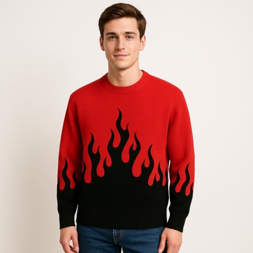 Unisex Pullover Crewneck Long Sleeve Knit Sweater with Woven Flame Pattern Street Fashion Warm Outfit for Men and Women3