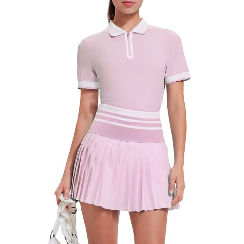 Image of Tennis Skirt Sets for Women Zipper Color Block High Waisted Golf Polo Two Piece Skirt Set Women 2 Piece Outfits