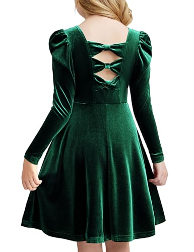 Arshiner Girls Dresses Long Sleeve Crew Neck Bow Back Velvet Formal Party Dresses with Pockets