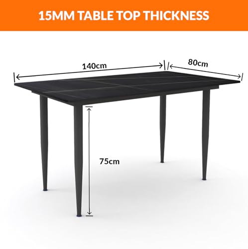 Image of Italiana 15mm Ultra-Slim Sintered Stone Dining Table - 140cm x 80cm Black Faux Marble Executive Table | Mohs 6+ Hardness Scratch-Resistant | Metal Frame | Suitable for 4-6 Seater