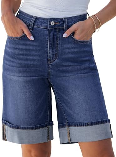 luvamia Jean Bermuda Shorts for Women High Waisted Knee Length Cuffed Long Stretchy Denim Shorts Loose Summer Jorts