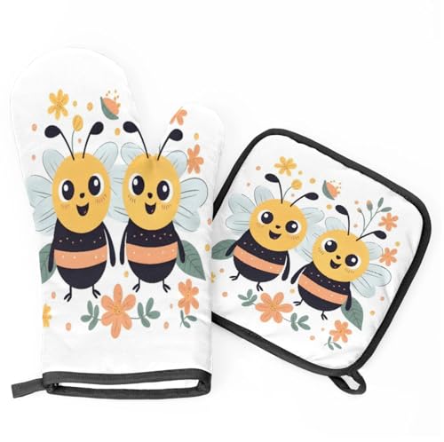 Cartoon Bee Flowers Oven Mitts Kitchen Oven Gloves for Cooking Baking Heat Proof Lining Cotton Kitchen Potholder Mittens Pot Holders Hot Pads for Chef Women Men