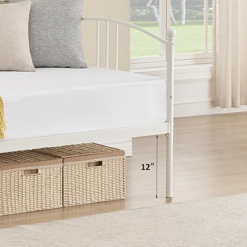 Image of Garvee Twin Daybed with Trundle, Sturdy Metal Day Bed with Arched Headboard and Steel Slat Support, Pullout Trundle with 6 Casters, Sofa Bed for Living Room Bedroom and Guest Room, White | Pullout Trundle, Six Smooth Casters, Space-Saving Design, Extra Sleeping Space, Easy Assembly, White