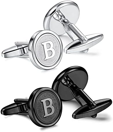ORAZIO Cufflinks For Men Engraved Initials Cufflinks Silver Black Set Stainless Steel Tuxedo Shirt Cuff Links Letter Alphabet A-Z Gift With Box For Wedding,Dad,Groom,Groommen,Husband(B)