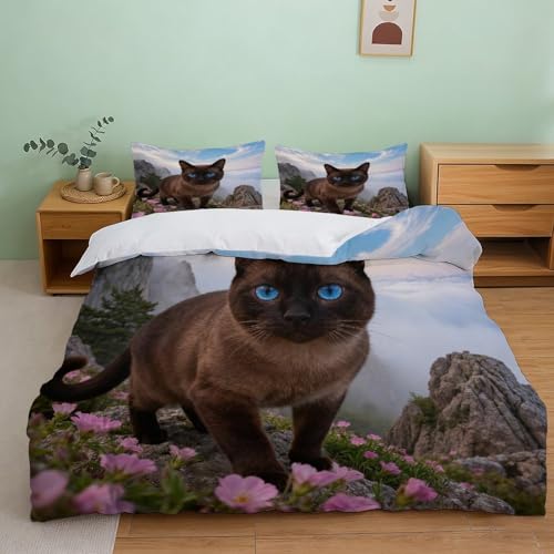 Funda Nórdica con Gato Siamés Microfibra Suave Juego De Cama Acantilado con Funda De Almohada para Niños Y Adolescentes - Dormitorio Single（140x200cm）