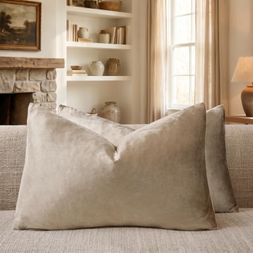 Image of GIGIZAZA Khaki Taupe Velvet Decorative Throw Pillow Covers for Sofa Bed 2 Pack Soft Cushion Cover (Khaki, 12 x 20- Set of 2)