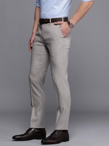 Image of Raymond Men's Slim Fit Mid Rise Polyester Blend Structure Pattern Flat Front Formal Trouser