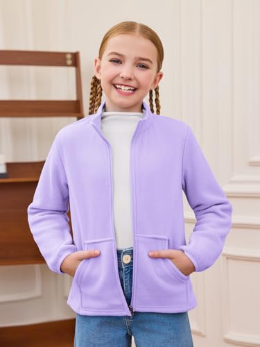 Haloumoning Girls Fleece Jacket Kids Zip Up Stand Collar Coat Fall Winter Outerwear with Pockets 5-14 Years2