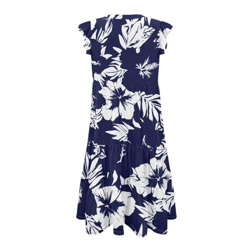 Image of Womens Summer Dress Ruffle Sleeve V Neck Dress Casual Fit Flowy Beach Vacation Sundress with Pocket S-2XL
