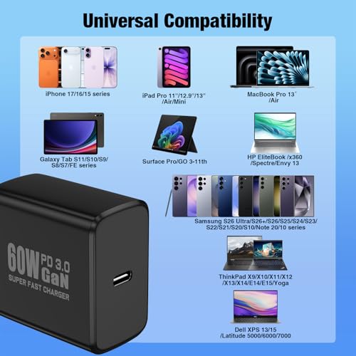 Image of 60W GaN PD3.0 Super Fast Type-C Charger for Samsung Galaxy S26 Ultra, 10FT USBC Fast Charging Cable /Cord for Samsung Galaxy S26 S25 S24 S23 Plus,Android Phone, iPhone 17 /16 /15 Pro Max, Tab S11,3Pack