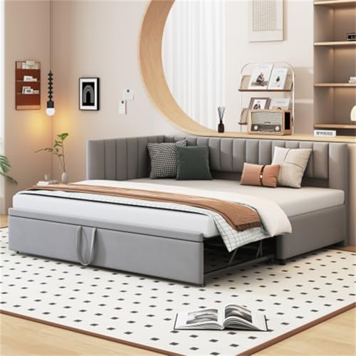 Sofá Cama en Forma de L con Cama Nido 90/180x200cm Compacto Cama tapizada para Adultos Adolescentes Cama Individual Cama Familiar para Dormitorio Cama de Invitados Tela de Terciopelo Gris Claro
