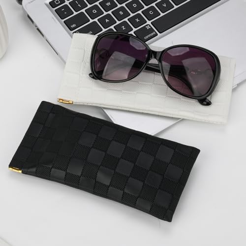 Image of Sightor Sunglasses Case, 2 Pcs Soft Eyeglass Cases Checkered Sunglass Case Portable Squeeze Top Leather Glasses Pouch