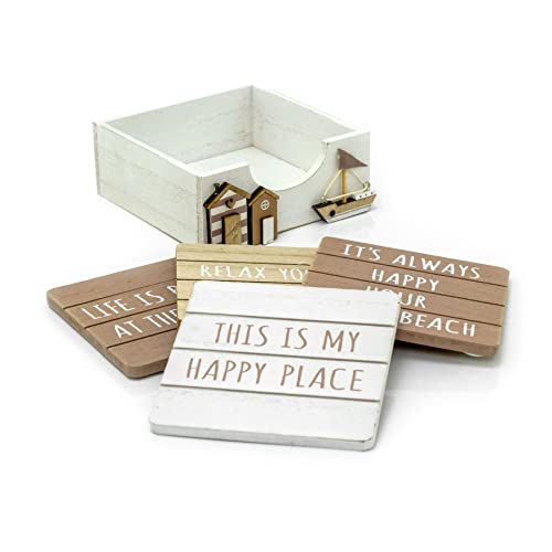 Set Of 4 Seashore Wooden Coaster With Holder | Nautical Drinks Coasters With Quotes | Square Coastal Beach Hut Coaster Set