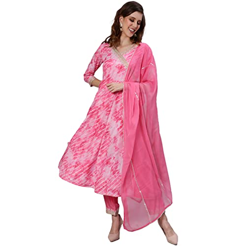 Image of ishin Women's Silk Tie & Dye Zari Embroidered Anarkali Kurta Trouser Dupatta Set