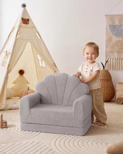 Image of Blissful Diary Foldable Kids Couch, 2-in-1 Kids Sofa Chair, Gray Shell | 50.8 inch Fold-Out Play Area, Supportive Foam, Washable Cover, Carry Handle, Pre-Assembled, Kid-Safe Zipper