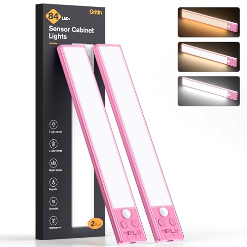 Gritin Luz de Armario Recargable con Sensor de Movimiento, 2 Pack LED Luces Cocina - 3 Modos de Color, 5 Niveles de Brillo, Atenuación Continua, Ideal para Gabinete, Cocina, Escalera, Garaje, Pasillo