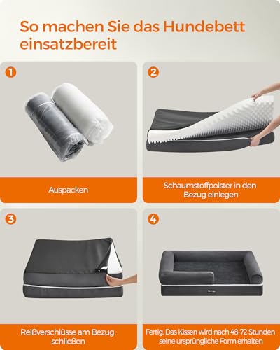 Feandrea Orthopädisches Hundebett, Hundekissen, Hundekorb, weiche Polsterung, Hundesofa, erhöhte Ränder, Bezug abnehmbar und waschbar, 91 x 63 x 18 cm, rutschfeste Unterseite, dunkelgrau PGW076G01V1
