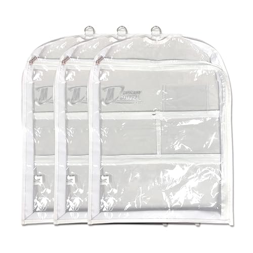 Clear Garment Bags for Dance Costumes 3-Pack, Gusseted, Short-Size, Side Zipper Entry, Storage Pockets for Accessories, 24”x18”x2”, Dream Duffel