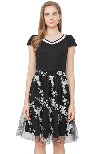 AXOE Damen Rockabilly Kleider Festliche Rock n Roll Tüllkleid A Linie Cocktailkleid Hochzeitsgast Schwarz mit Hellblau Blumen F05, Gr.48, 4XL