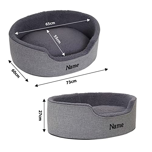 lionto Hundebett mit Wendekissen und waschbarem Bezug, formstabiles Hundekörbchen mit Anti-Rutsch-Noppen, 73x60 cm, kuscheliges Heimtierbett für Hunde und Katzen mit Plüsch, grau (Namensaufdruck)