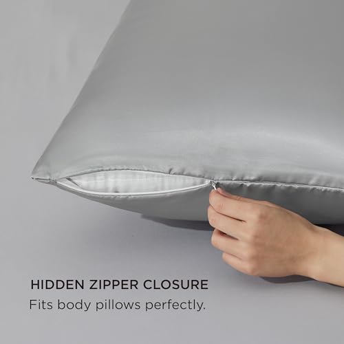 Image of Bedsure Satin Body Pillow Cover with Zipper,Soft Silky Pillowcase | Soft & Breathable Long Pillow Case, Cooling & Silky Long Pillowcase for Hair and Skin, Gifts for Women, Grey, 20x54 Inches