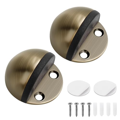 Self-Adhesive Door Stoppers for Floor - 2 Pack Stainless Steel Half Moon Doorstop, Floor Mounted Wall Protector with Strong Glue Pad & Screws Bronze Door Stops for Home Kitchen Bathroom Office