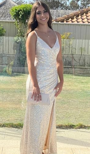 Sequin Prom Dresses Sparkly Spaghetti Straps Mermaid Formal Evening Dress with Slit4