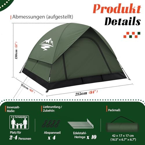 Zelt 2-3 Personen Camping Zelte - Ultraleichte Campingzelt Kuppelzelt Winddicht 3-4 Saison mit Abnehmbarer äußerer Zeltplane, Kleine Packungsgröße, Geeignet für Camping Wandern Backpacking Familien