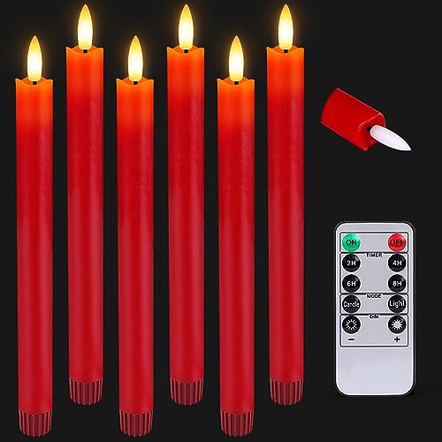 HINZER 6 Pcs Flameless Taper Candles with Remote & Timer 9.6 inch Real Wax Battery Operated LED Warm 3D Wick Flickering Window Candles for Halloween Christmas Wedding Decor Red