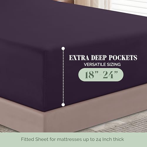 Elegant Comfort Luxury 1500 Premium Hotel Quality Microfiber 4-Piece Sheet Set - Soft, All Around Elastic 18-24 Inches Deep Fitted Sheet - Extra Deep Pocket Sheets, Queen, Eggplant-Purple