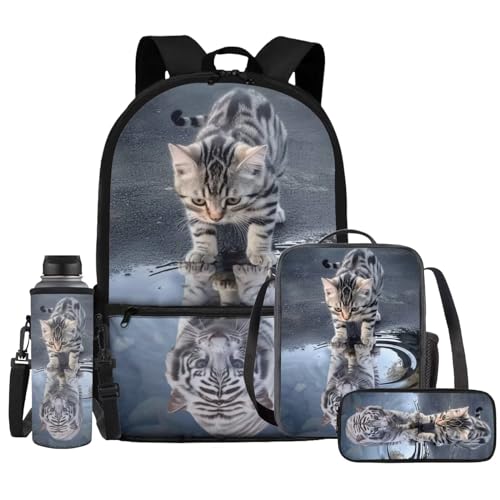 Uourmeti Cat Tiger Backpack and Lunch Bag 10-12 Girls Boys Middle School Bag with Water Bottle Holder Pencil Case Pouch Lightweight Bookbags for Kids Back To School Gifts
