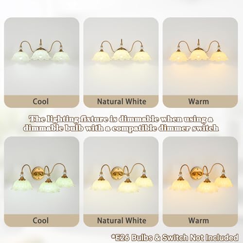 Image of Vintage Bathroom Vanity Light, 3-Light Matte Brass Finish Vanity Light with Floral Yellow Glass Shades, Retro Wall Sconce for Bathroom, Dressing Table