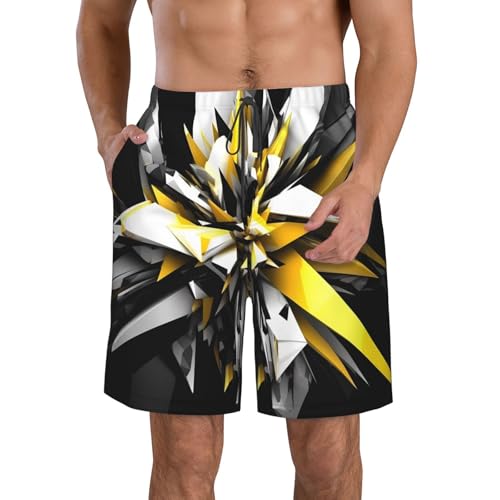 Abstract Black White Yellow Men's Swim Trunks Quick Dry Board Shorts with Pockets Casual Drawstring Beach Shorts