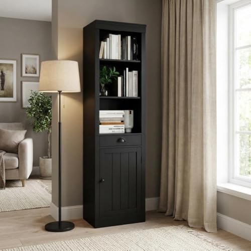 GarveeHome 71 inch Tall Bookcase with Drawers & Doors, 3-Tier Open Bookshelf with Adjustable Shelves, Narrow Storage Cabinet for Living Room, Office, Bedroom, Bathroom，White (Black)