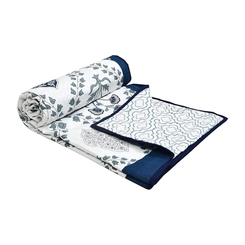 Image of BLOCKS OF INDIA Hand Block Printed Cotton Single Size Reversible Malmal Dohar for Summer (Royal Blue Motifs)